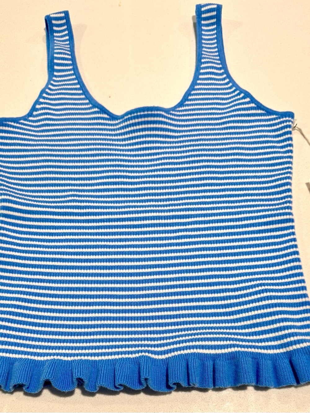 Striped Blue & White Knit Ruffle-Hem Tank Top - Women's